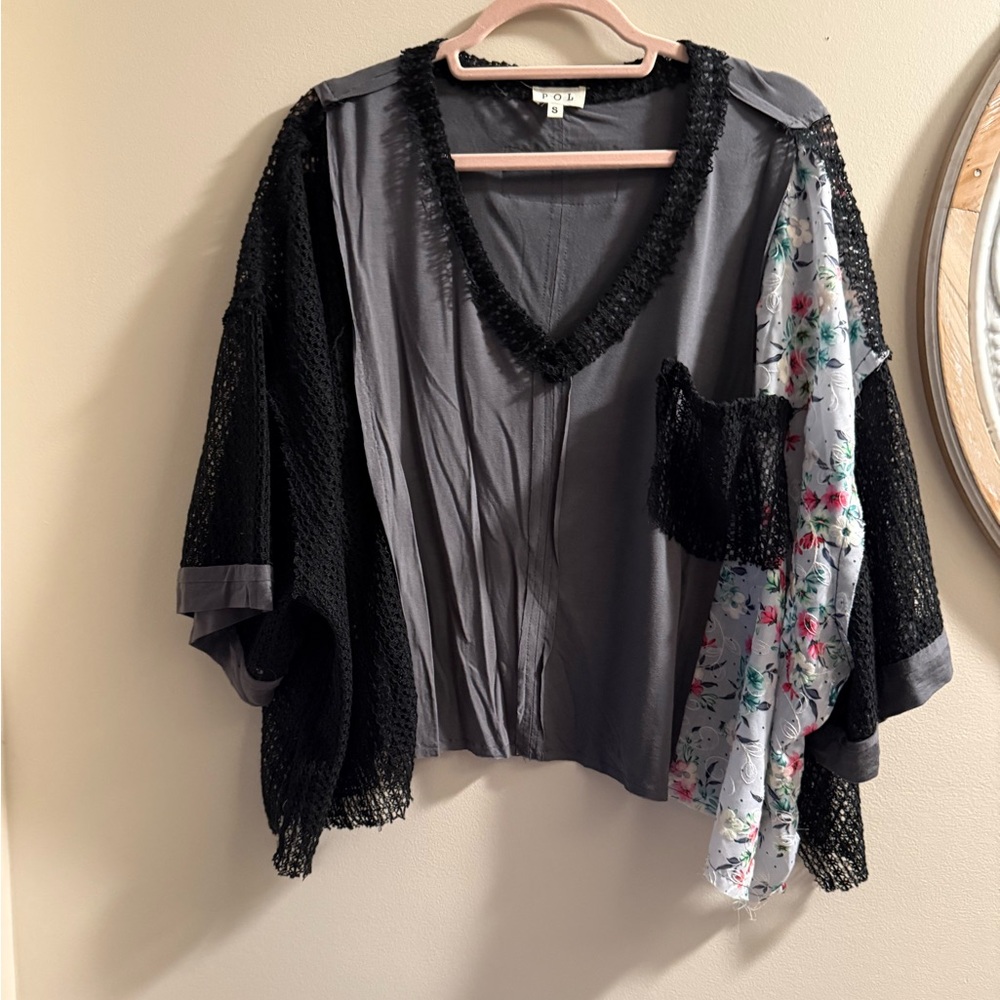 POL Black and Gray Blouse with Lace Trim
